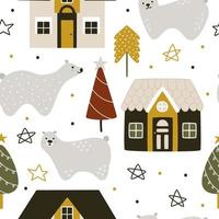 ursos de inverno com árvores e casas em um fundo branco. padrão de vetor sem costura para tecidos de natal e celebração do ano novo