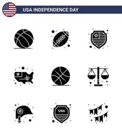 pacote de 9 sinais de glifos sólidos de celebração do dia da independência dos eua e símbolos de 4 de julho, como esportes backetball estados americanos dos eua editáveis elementos de design vetorial do dia dos eua vetor