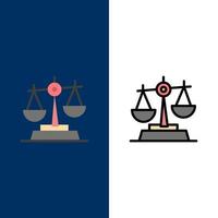 gdpr justiça lei equilíbrio ícones plana e linha cheia conjunto de ícones vector fundo azul