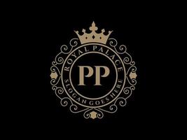 letra pp antigo logotipo vitoriano de luxo real com moldura ornamental. vetor