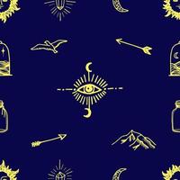 padrão perfeito de elementos amarelos sobre o tema do misticismo em um fundo azul escuro. desenhado à mão em estilo doodle e traçado - terceiro olho, montanhas, flecha, lua crescente, pássaro, sol com rosto vetor