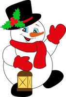 boneco de neve em um chapéu com azevinho, cachecol e luvas. lanterna retrô. natal e ano novo. vetor