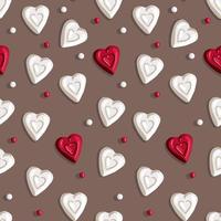 um padrão de contas espalhadas com sombras e doces vermelhos e brancos na forma de um coração em um fundo cinza. adequado para impressão em têxteis e papel. embalagem festiva para o dia dos namorados. vetor