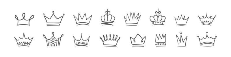 conjunto de ícones de coroa. conjunto de coroa doodle, ícones desenhados à mão. ilustração vetorial vetor