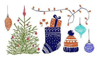 feliz natal e ano novo conjunto de linogravura de decoração. elementos de natal em estilo de corte lino. coleção de rotogravura árvore de natal, brinquedos e luzes. vetor
