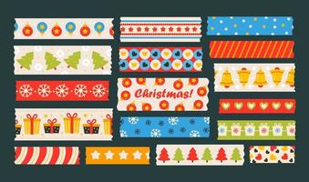 fitas washi de natal. conjunto vetorial de tiras decorativas com elementos tradicionais de natal, flocos de neve, decorações, árvore de natal. fita adesiva ou tiras adesivas. vetor