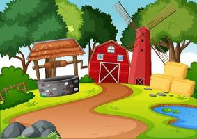 fazenda com celeiro vermelho e moinho de vento e cena de poço vetor