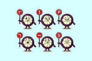 desenho de mangostão bonito segurando sinal de trânsito vetor