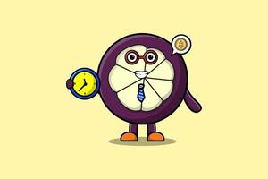 personagem de mangostão bonito dos desenhos animados segurando o relógio vetor