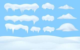 neve de inverno 3d, natal, textura de neve, elementos brancos, decorações de neve de férias. coleção vetorial de bonés de neve, pilha, pingentes de gelo no fundo do céu azul, gelo, bola de neve e monte de neve. vetor