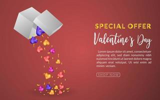 oferta especial surpresa fundo do dia dos namorados, ilustração de celebração de romance de saudação de amor de caixa, promoção de oferta de feriado de design de presente de venda vetor