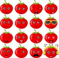 conjunto de um tomate vermelho fresco com diferentes expressões vetor
