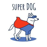 cão forte bonito em roupas de super-herói máscara azul capa vermelha. cartão engraçado super animal de estimação. roteiro super cão. desenho em quadrinhos de amigo quadrúpede de grande poder. ilustração vetorial motivacional e inspiradora. vetor