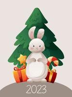 cartão de ano novo, pôster com coelho de desenho animado 2023, árvore de natal e presentes vetor
