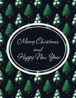 feliz natal e ano novo cartão com árvores de natal e neve em fundo azul escuro vetor