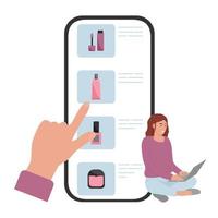 loja de cosméticos online. uma garota escolhe produtos de beleza usando um aplicativo móvel. estilo plano. ilustração vetorial vetor