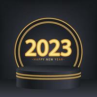 feliz ano novo 2023 design de tipografia de texto com pódio para exibição de produtos vetor