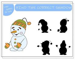um jogo de lógica para crianças encontre a sombra certa, boneco de neve. ilustração vetorial. vetor
