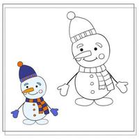 livro de colorir para crianças. desenhe um boneco de neve bonito com base no desenho. ilustração vetorial. vetor