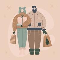 casal feliz comprando e segurando sacolas e presentes de natal. celebração de natal em família. compras no conceito de férias de inverno vetor