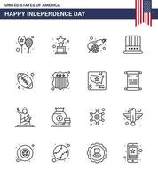 feliz dia da independência 4 de julho conjunto de pictograma americano de 16 linhas de rugby eua exército chapéu americano editável dia dos eua vetor elementos de design