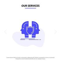 nosso modelo de cartão web de ícone sólido de glifo sólido de escudo de identidade dupla de rosto de serviços vetor