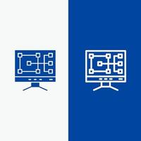 linha de reparo de construção de computador e ícone sólido de glifo banner azul linha e ícone sólido de glifo banner azul vetor