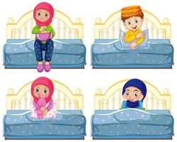conjunto de crianças muçulmanas árabes sentadas na cama vetor