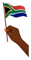 a mão feminina segura suavemente a pequena bandeira da áfrica do sul. elemento de design de férias. vetor de desenho animado em fundo branco