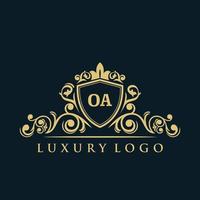 letra oa logotipo com escudo de ouro de luxo. modelo de vetor de logotipo de elegância.
