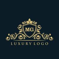 logotipo da letra mg com escudo de ouro de luxo. modelo de vetor de logotipo de elegância.