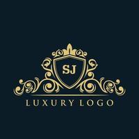 logotipo da letra sj com escudo de ouro de luxo. modelo de vetor de logotipo de elegância.