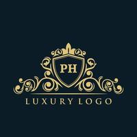 logotipo da letra ph com escudo de ouro de luxo. modelo de vetor de logotipo de elegância.