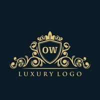 logotipo da letra ow com escudo de ouro de luxo. modelo de vetor de logotipo de elegância.