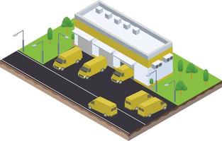 cena isométrica de van no processo de descarga do hall logístico do armazém nos negócios da empresa vetor