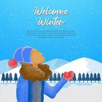 cenário de inverno bem-vindo com personagem, fundo de ilustração de temporada de inverno de queda de neve vetor