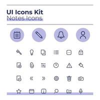 notas kit de ícones da interface do usuário. conjunto de símbolos de vetor de linha fina de diário privado. adicionar arquivo de imagem. botões de aplicativos móveis de diário pessoal em pacote de círculos roxos. coleção de elementos de design web