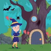 bruxa de halloween com árvore em casa vetor