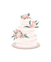 bolo de casamento decorado com flor rosa e folhas. sobremesa festiva baunilha de três camadas com rosa frostin. ilustração vetorial isolada vetor