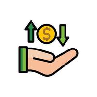 ilustração vetorial ícone plana ganhando, moeda, ouro, mão, transação, dinheiro. vetor