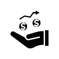 glifo de ícone de vetor de ilustração, sólido, silhoute, ganhando, moeda, ouro, mão, transação, dinheiro.