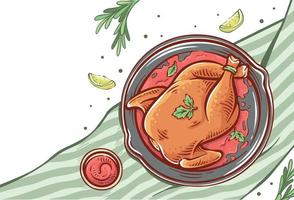 ilustração de prato de frango assado. desenho vetorial desenhado à mão de carne de frango. desenho de frango assado no restaurante com pano, molho, rodelas de limão e ervas vetor