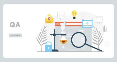 vetor de conceito de teste para página de destino. testador para o site e verifica o código. engenheiro de software ou qa trabalhando em digital