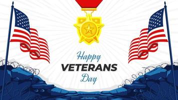 feliz dia dos veteranos com uma medalha de estrela e duas bandeiras americanas vetor