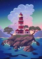 farol - paisagem de vetor. paisagem do mar com farol no penhasco. ilustração vetorial em estilo cartoon plana vetor