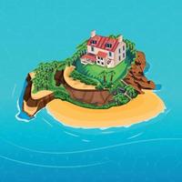 uma ilha isolada no meio do oceano, linda casa na ilha vetor