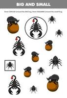 jogo de educação para crianças organizar por tamanho grande ou pequeno desenhando círculo e quadrado de bonito desenho animado escorpião aranha besouro imprimível folha de trabalho de bug vetor