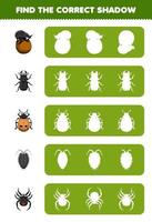 jogo educacional para crianças, encontre a silhueta de sombra correta do besouro bonito dos desenhos animados, joaninha, piolho, aranha, planilha de bug imprimível vetor