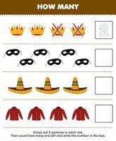 jogo educacional para crianças, conte quantos desenhos animados fofos, máscara de coroa, chapéu sombrero, flanela e escreva o número na caixa, planilha de roupas imprimíveis vetor