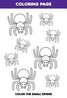jogo de educação para crianças colorir página grande ou pequena imagem de arte de linha de aranha de desenho animado folha de trabalho de bug imprimível vetor